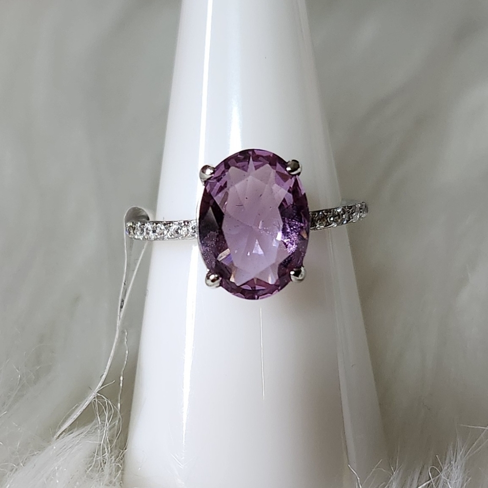 Sz 8 Solitaire Ring Lab Created Amethyst on Rhodium Plated setting